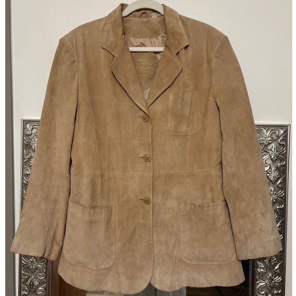 Preston & York Tan Suede Leather Blazer Jacket Womens Size 14 Camel Boho g5